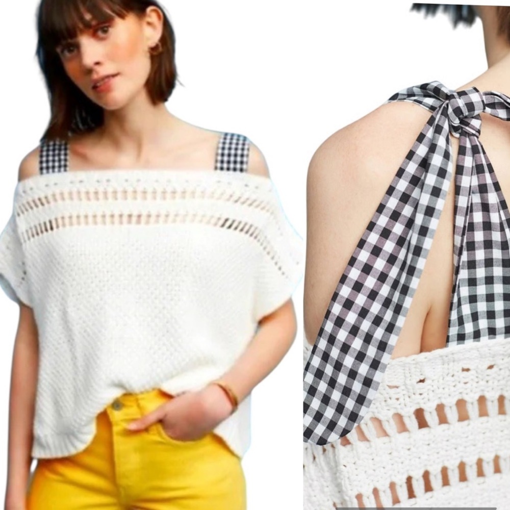 Anthropologie Maeve Ivory Black White Gingham Tie Off Shoulder Knit Sweatsr - S